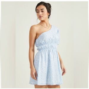 NWT Women’s M Altar’d State One Shoulder Blue & White Floral Dress Elastic Waist